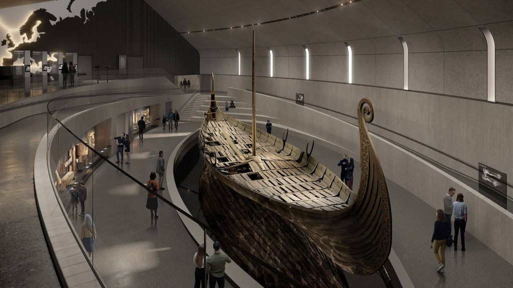 Illustrasjon av Osebergskipet i det nye Vikingtidsmuseet, med folk rundt skipet.